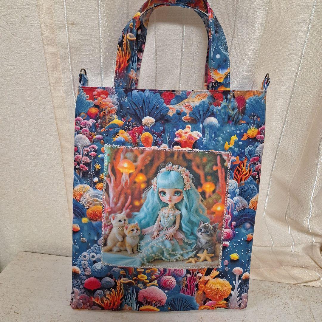 激レアねこと女の子パネル生地　ハンドメイド　まちなしバッグ　布バスケット