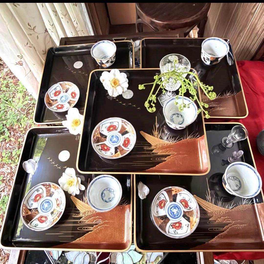 2244様感謝‼️JAPANGOZEN超絶時代蒔絵「源氏物語　須磨　明石」御膳5客