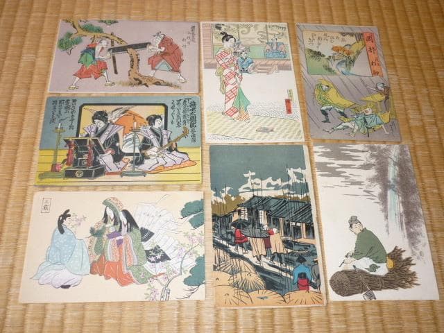 明治後期から大正◆浮世絵柄、花柄、風景他 絵葉書計19枚(エンボス加工、木版画他