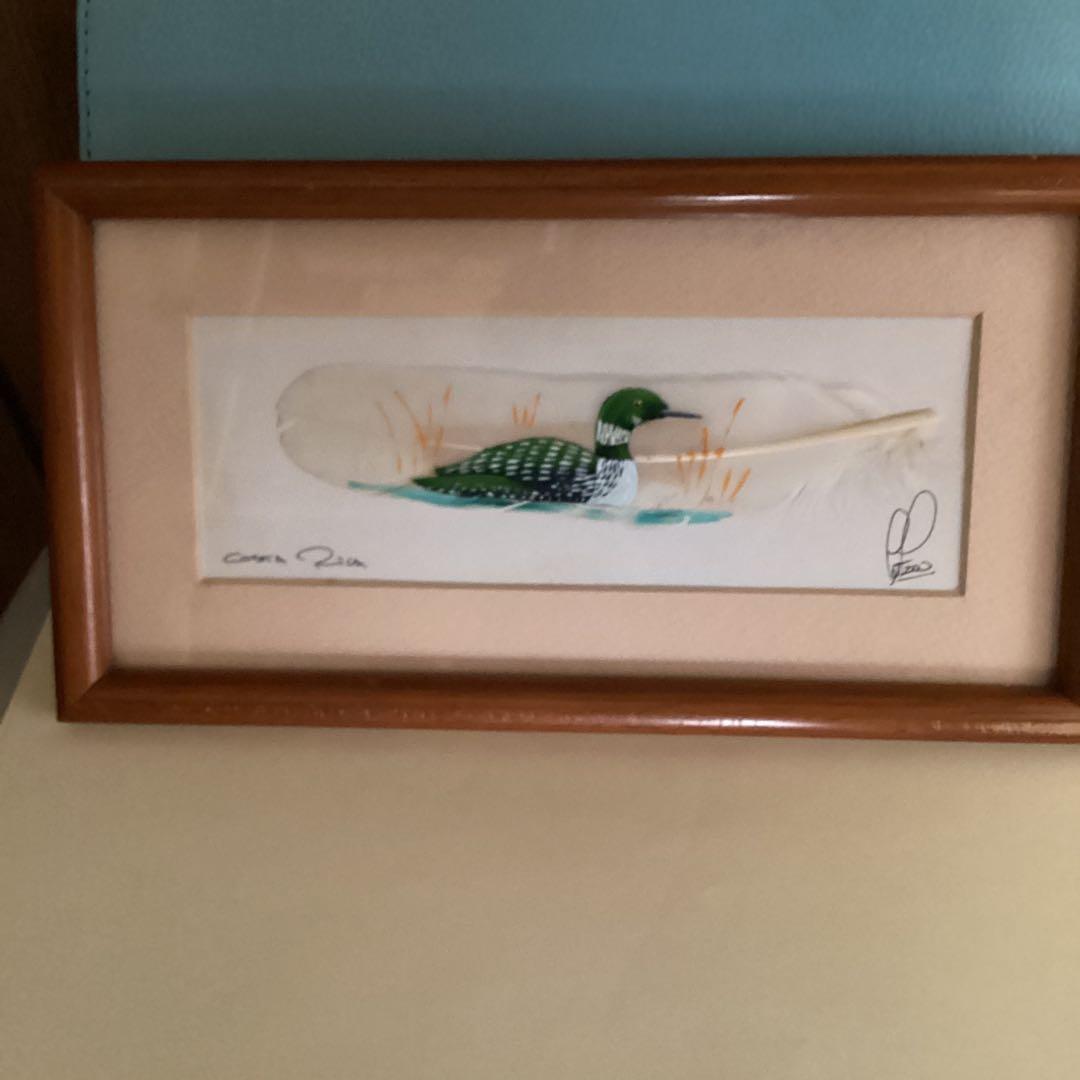 水彩画　　タイトル【　鴨　】鳥の羽に鴨の絵が描かれてます。壁掛け額装　直筆サイン