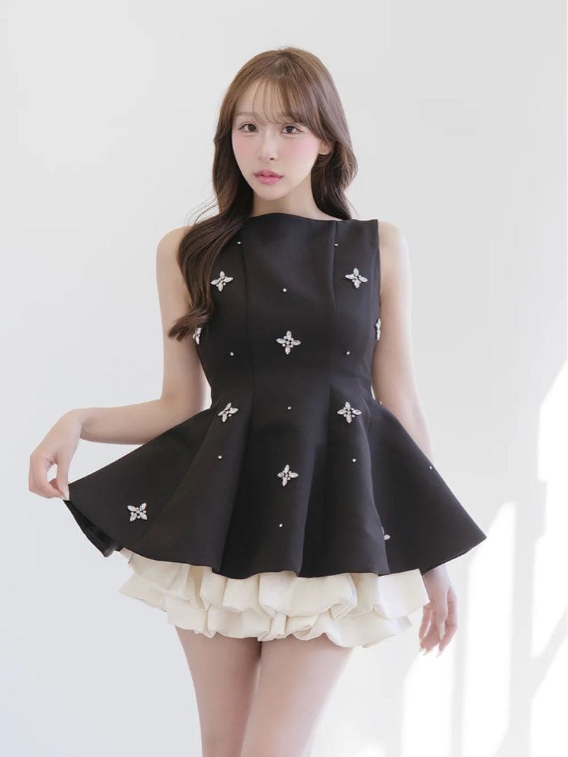 ビジューフレアバルーンミニドレス / BLK / FL