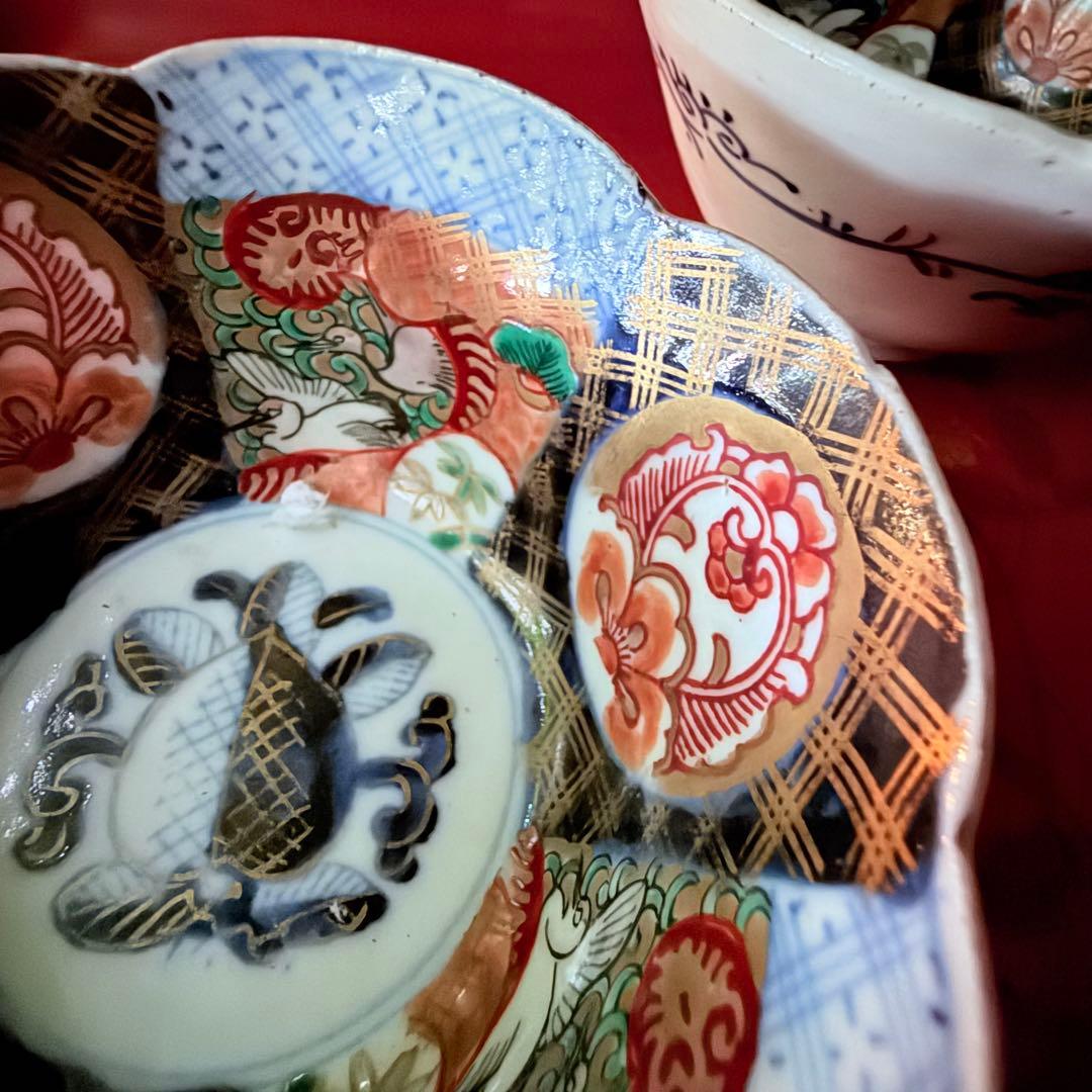 超限定価格‼️伊万里錦手向付おひたしにはこれ‼️桃手に鶴と竹六弁花在銘向付5客