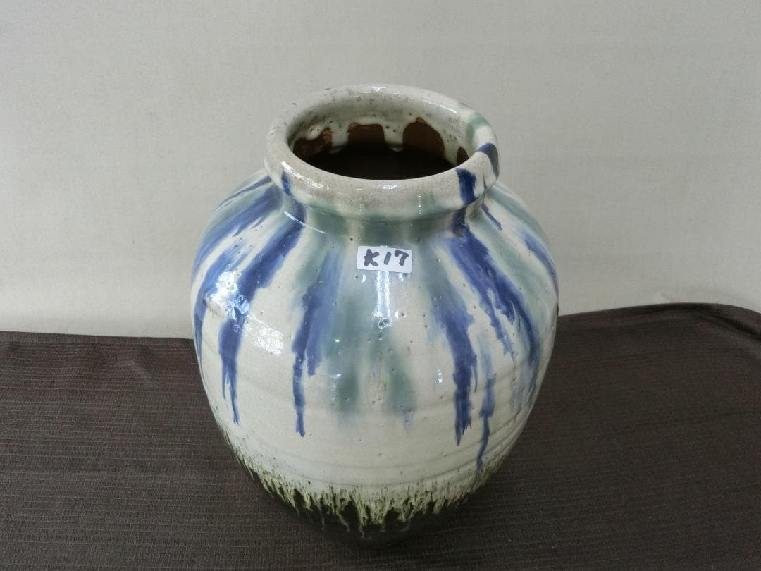 インテリア！ 【壺　流れ釉見事 　会津本郷　緑青白景色　骨董・K17】★見栄え