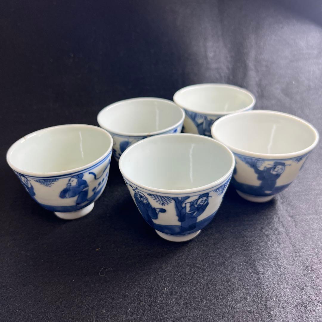 中国清時代　青花人物画煎茶碗5客　口径約7㎝　東Y8-0205☆2Fトヒカ