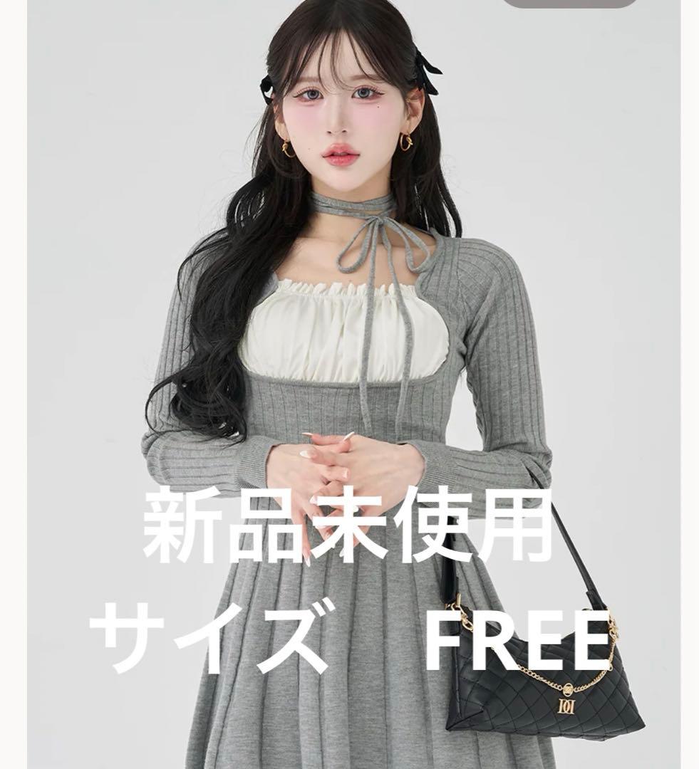 darichネックリボンデザインフレアニットミニワンピース