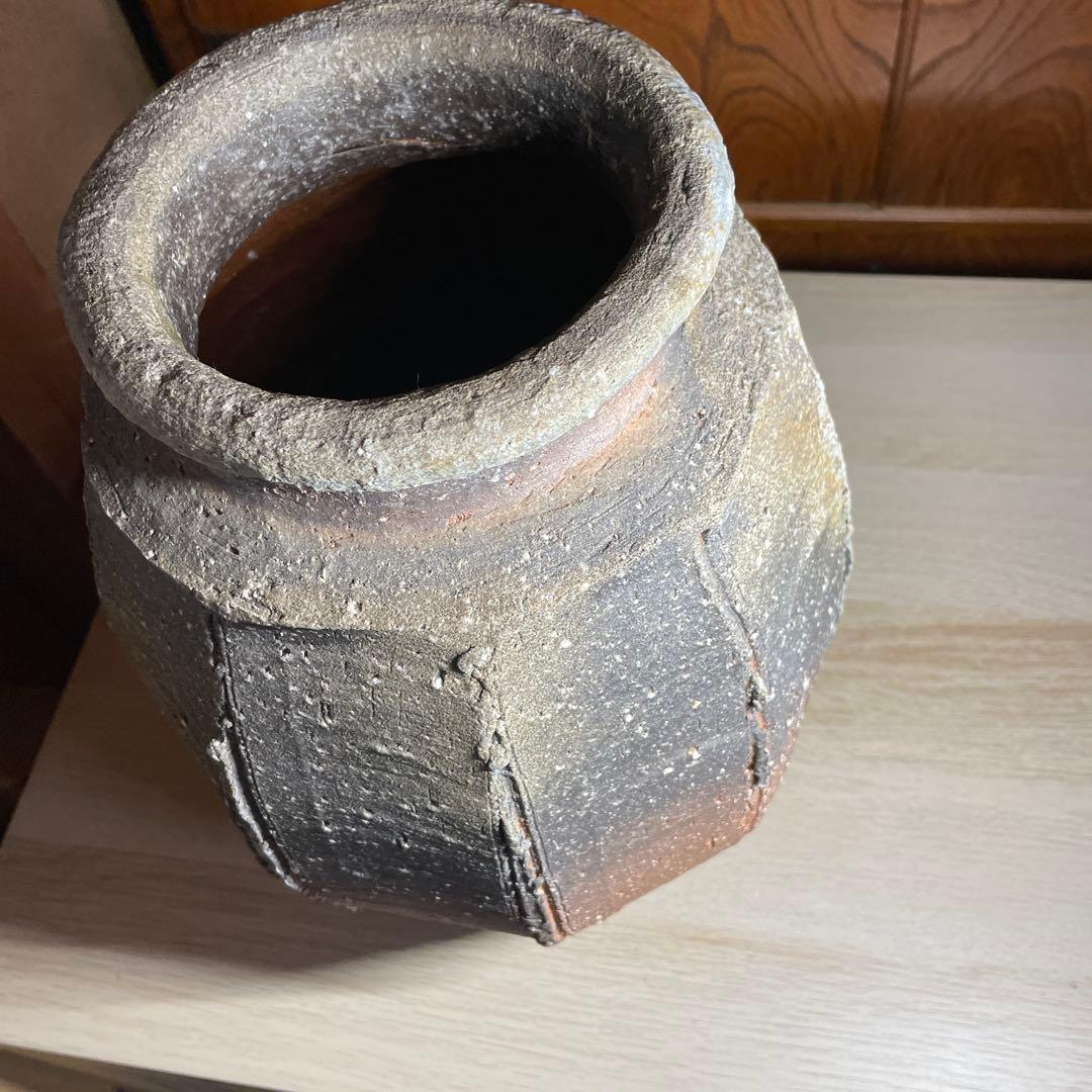 特大優品　人気陶芸家　神山清子　信楽自然釉面取花入　共箱