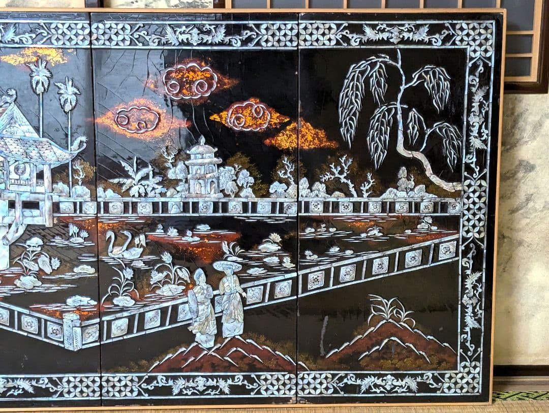 中国螺鈿絵　アンティーク　4枚組　壁掛け