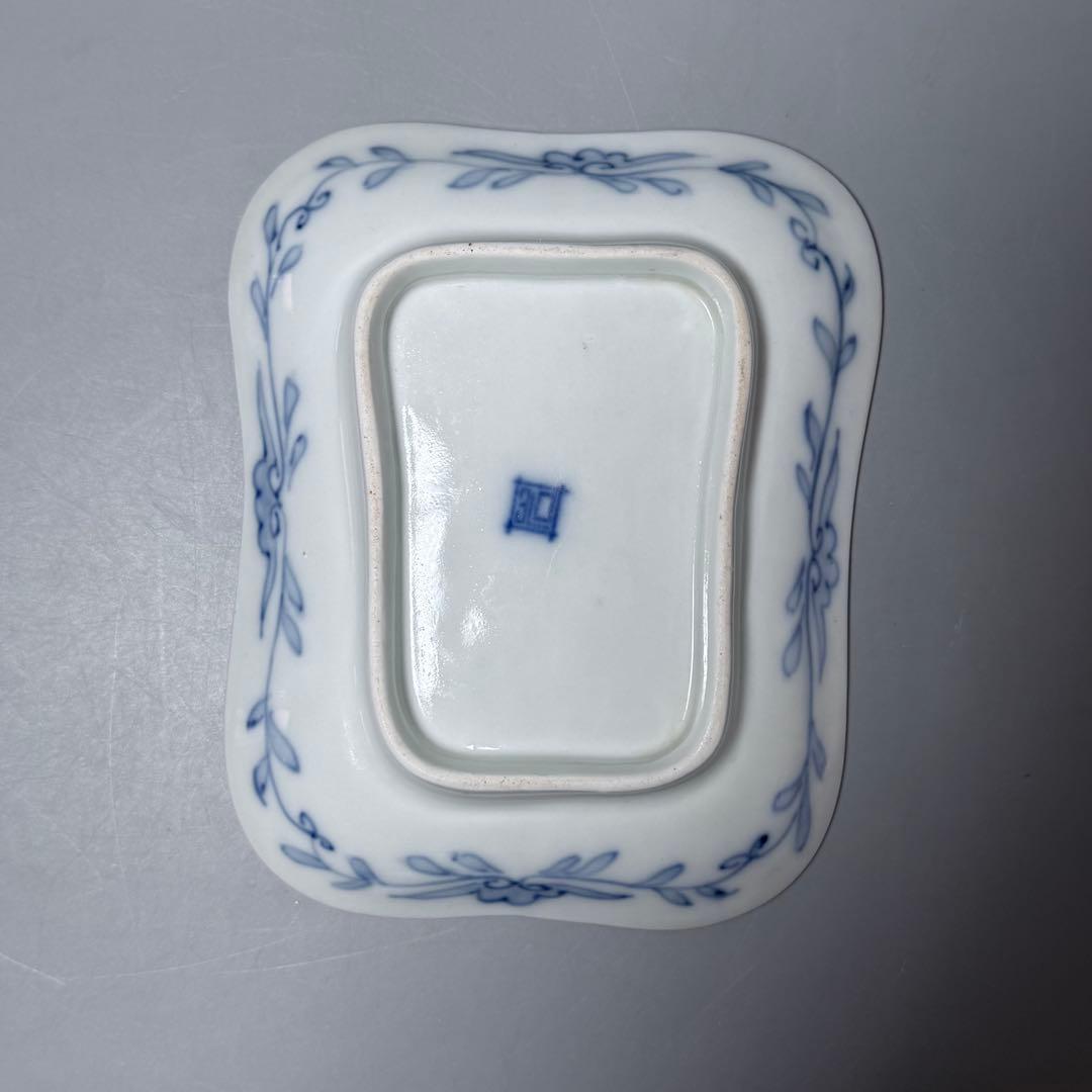 明治時代　有田焼　岩松平吾　色絵軍配形皿　五枚　角岩印　陽刻　珍品　残り僅か