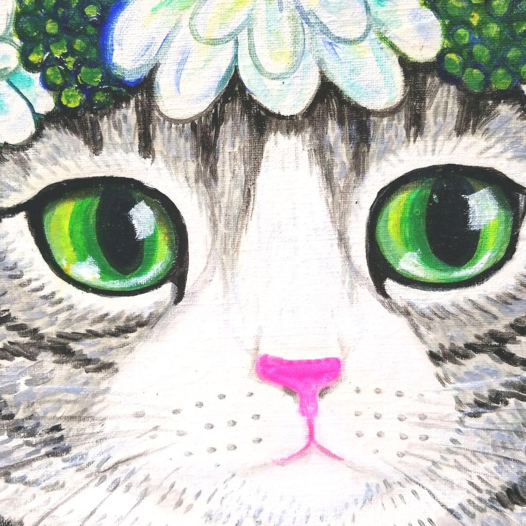 油絵　専用　花冠の猫　サバトラ白ちゃん