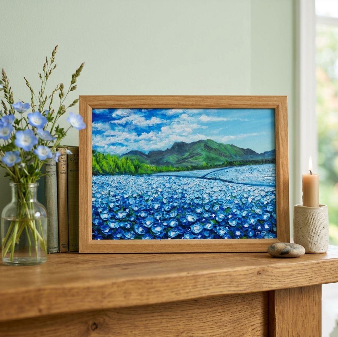 油絵 油彩 油彩画 絵 絵画【くじゅう花公園のネモフィラ畑】