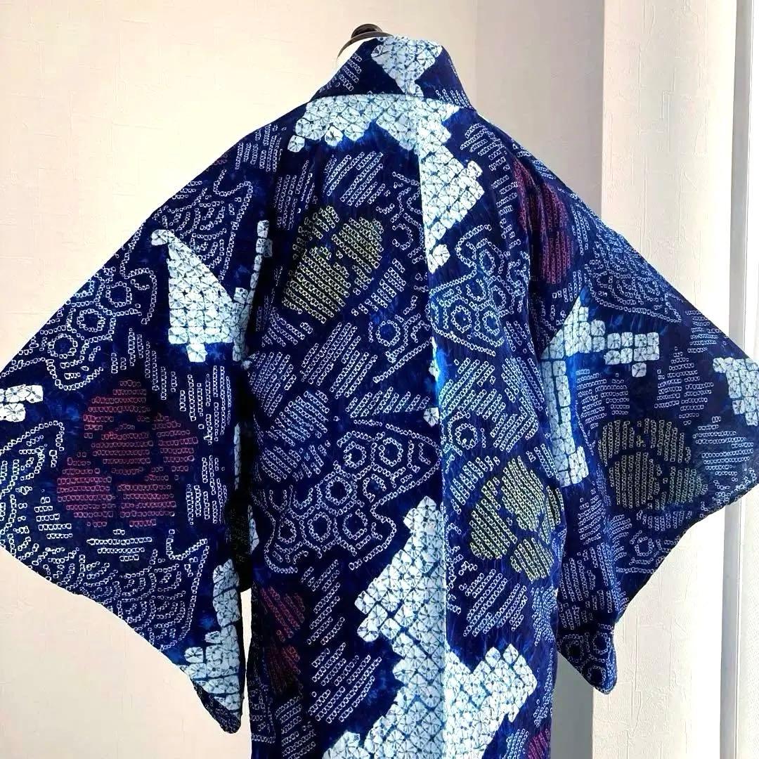 有松鳴海絞り・蜘蛛絞り浴衣　未使用しつけ付　手縫い　絞り浴衣　大輪花模様　N85