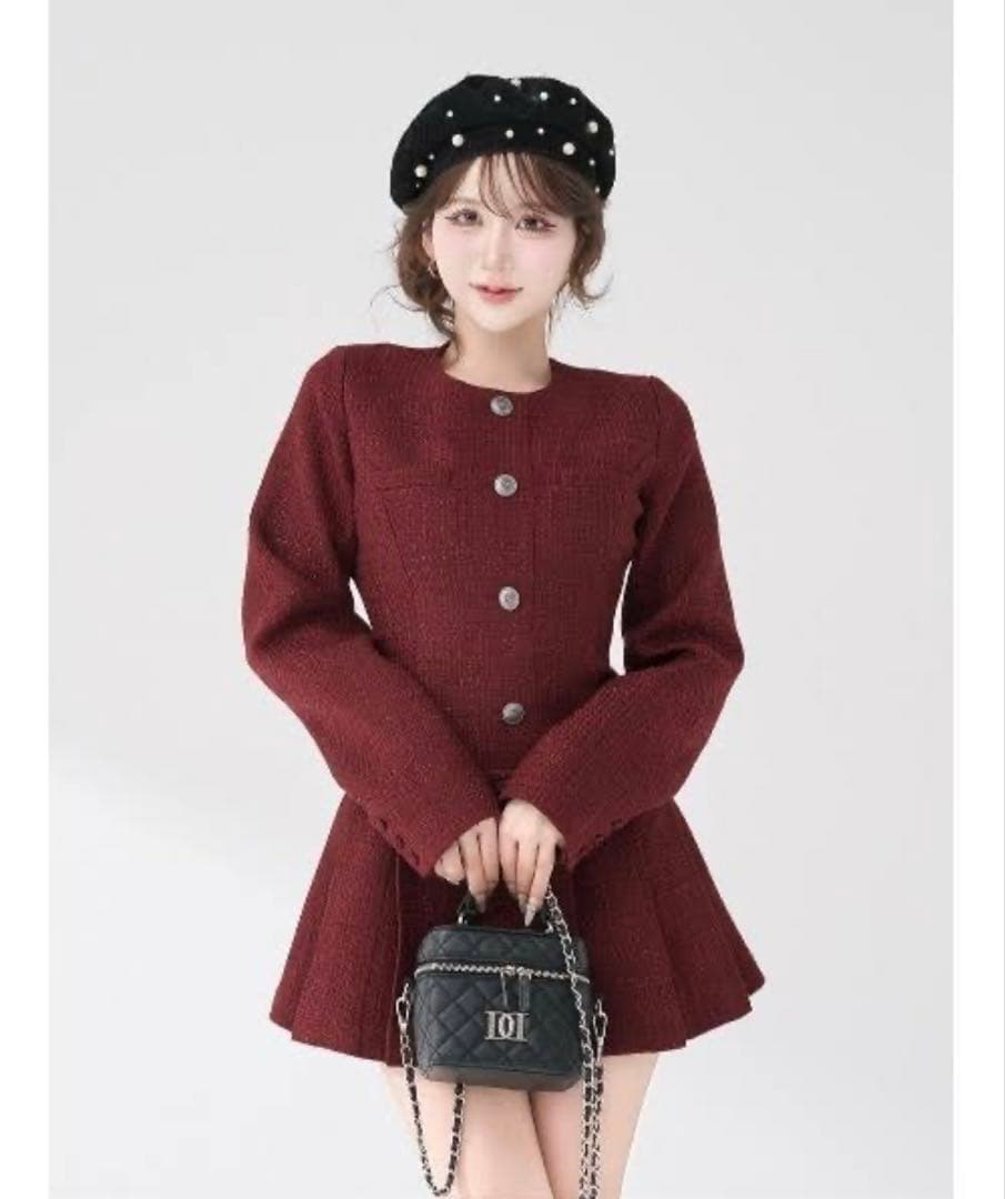 ダーリッチ ボックスプリーツツイードミニワンピース 赤