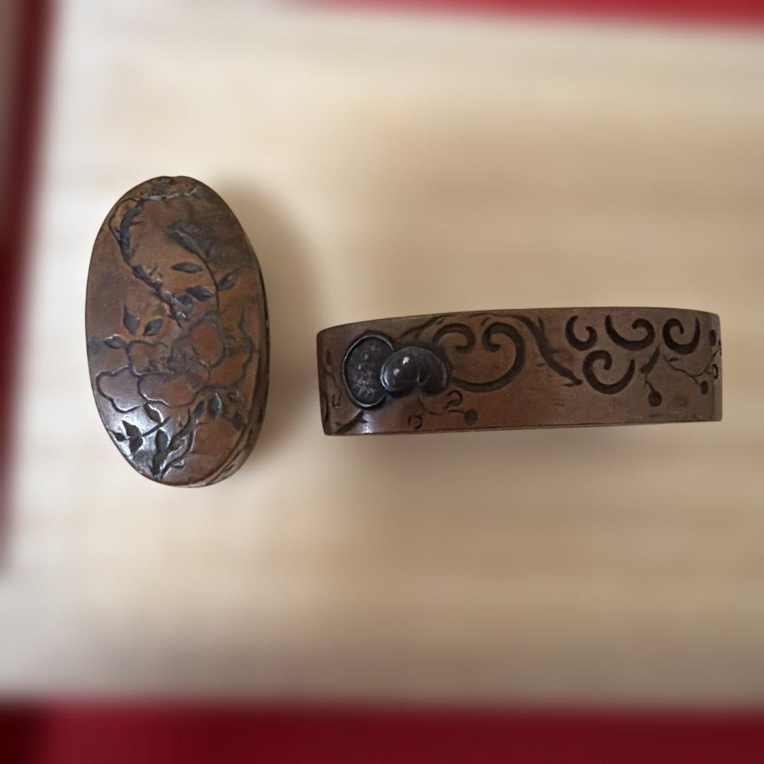 古美術　骨董品　縁頭　正阿弥　在銘　古赤銅地花彫