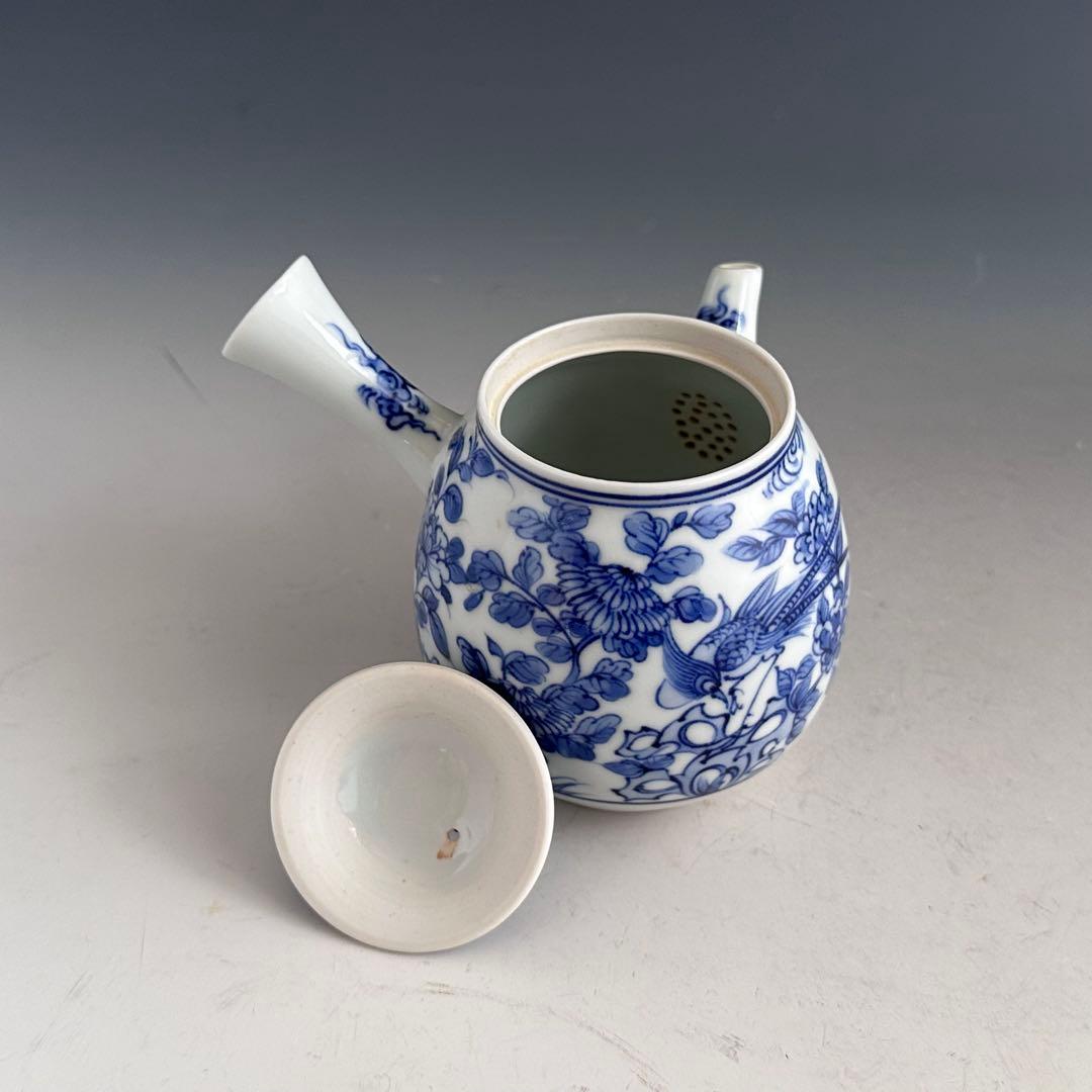 煎茶道具　染付　青華花弁瑞鳥紋　茶瓶　急須　三浦篤　二代三浦竹軒　共箱　茶器