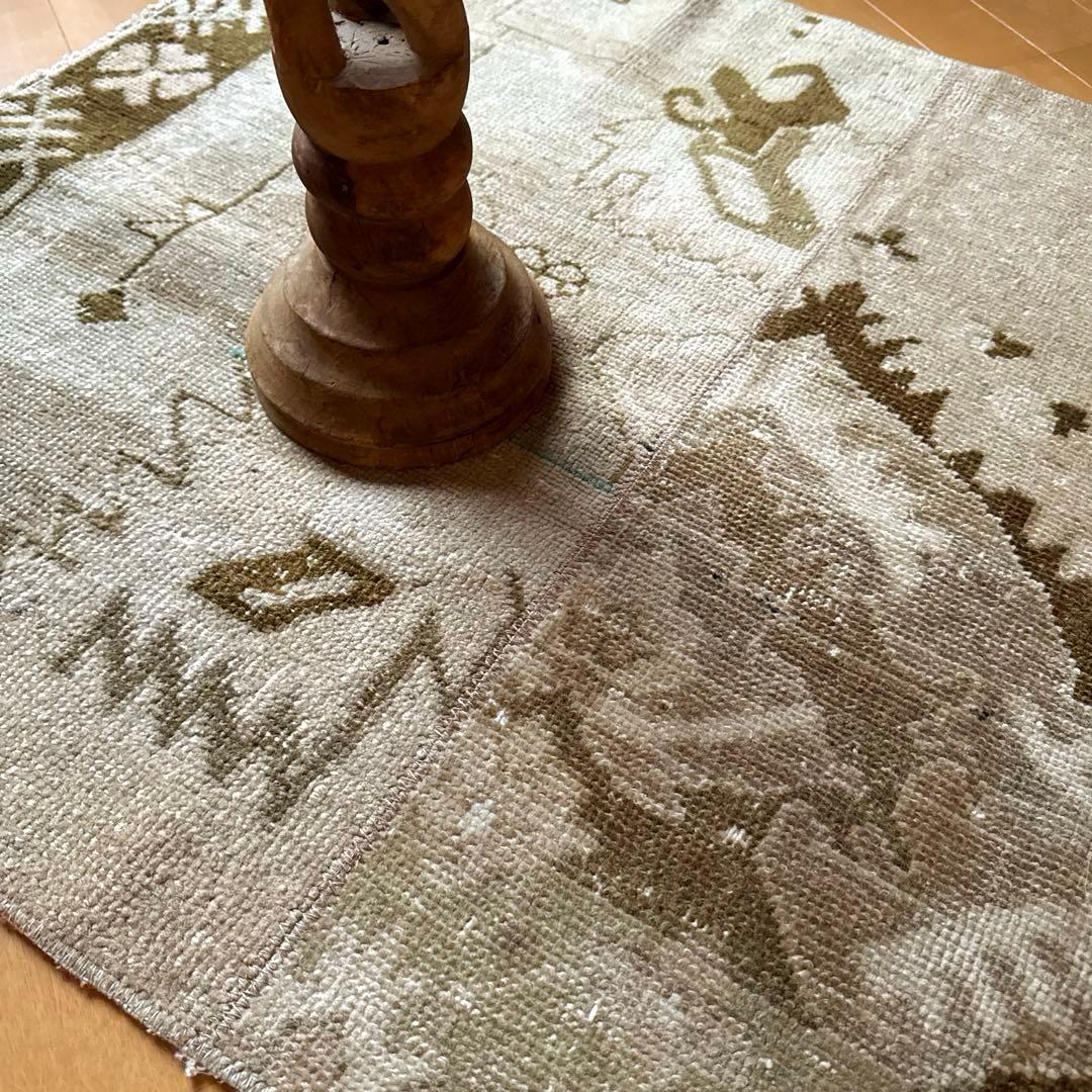 71×124ウール　ベージュ×ブラウン　パッチワーク　トルコヴィンテージラグ