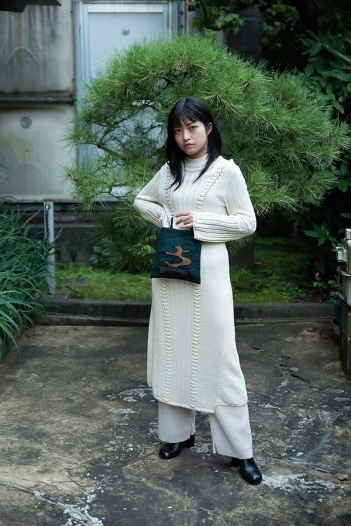 unpis tukifune ハンドバッグ　ニットバッグ　松　盆栽