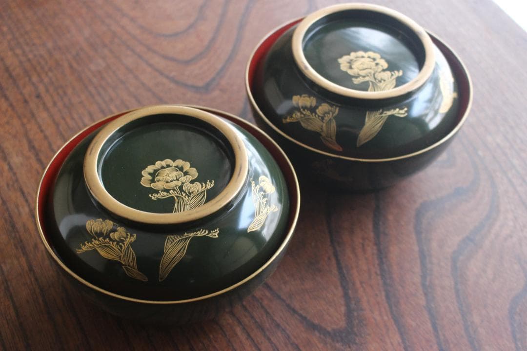 小傷有！時代青塗りに優美な福寿草沈金の煮物椀2点（検輪島塗蒔絵椀沈金椀雑煮椀