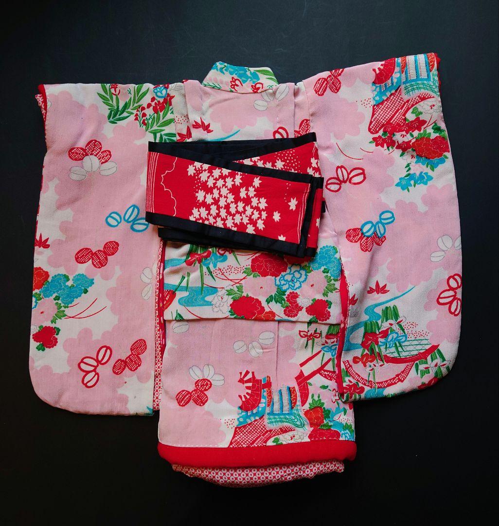 市松人形　お振り袖　着物と帯のセット　縮緬　古布　袷　本仕立て　15号52cm用