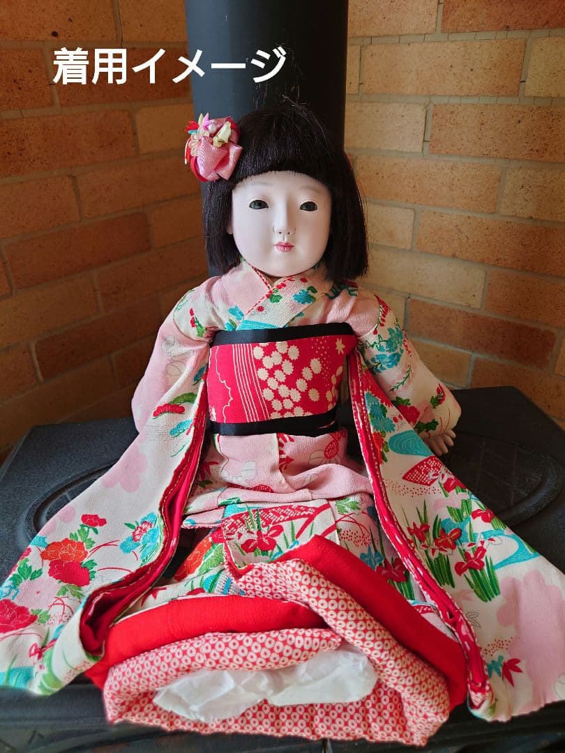 市松人形　お振り袖　着物と帯のセット　縮緬　古布　袷　本仕立て　15号52cm用