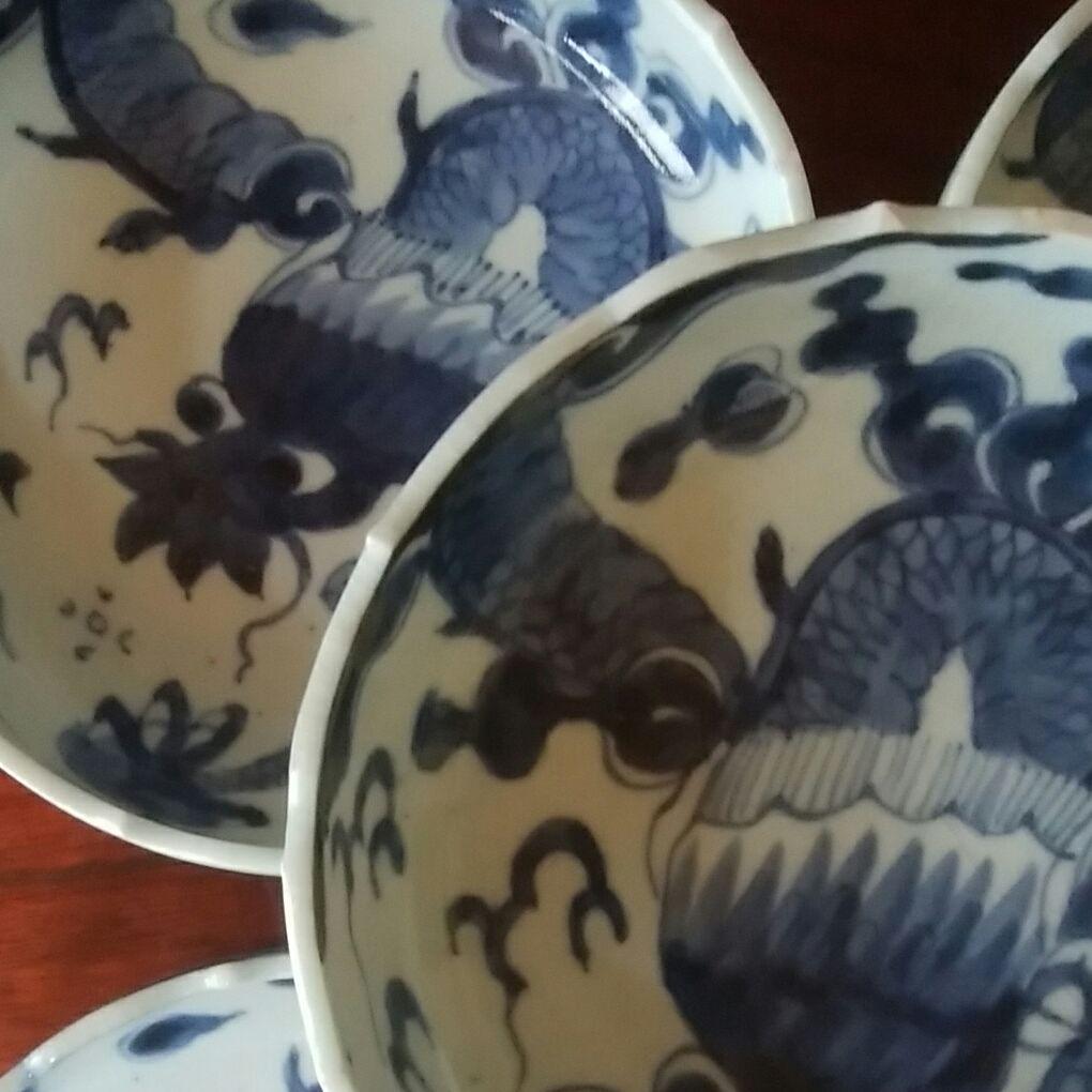 120  古伊万里　染付　龍文様　稜花形　膾皿　5客