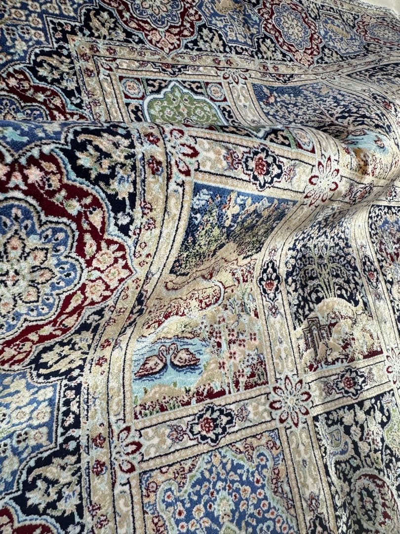 イラン製 ペルシャ絨毯 カシャーン 優雅な艶　高密度 ベージュ×ブルー