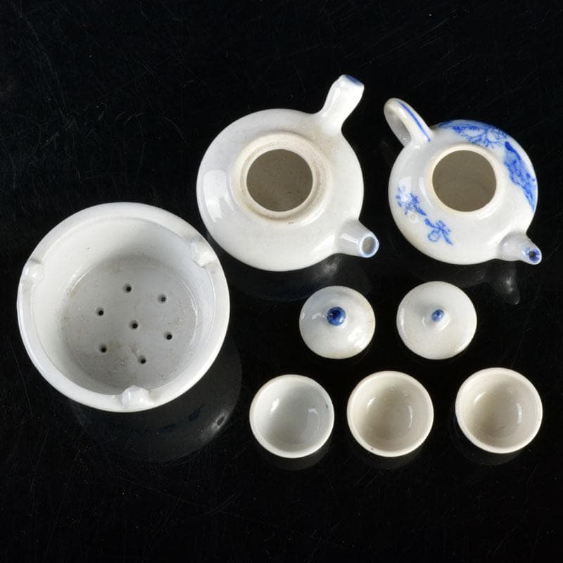 中国　青花　山水文　ミニチュア茶器　急須　涼炉　湯呑　4点　V　R4721