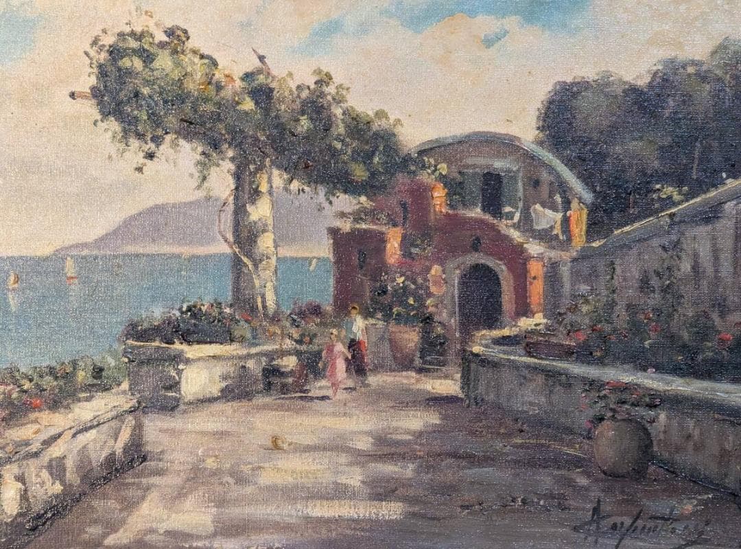 【真作】絵画　油彩6号　地中海の陽光　紺碧の海と花咲くテラス　Y81