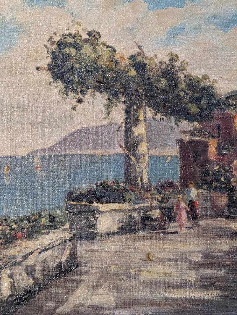 【真作】絵画　油彩6号　地中海の陽光　紺碧の海と花咲くテラス　Y81