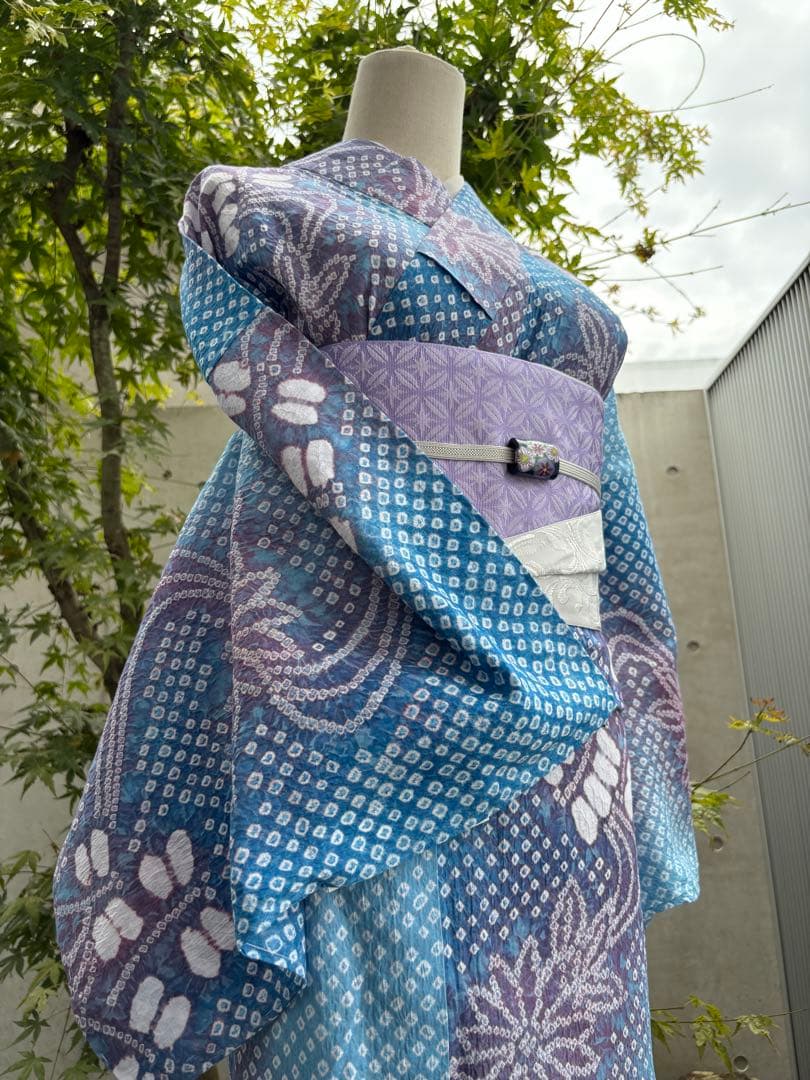 有松絞り浴衣 新品 仕立て上りhanashibori青水色紫地　ゆう様