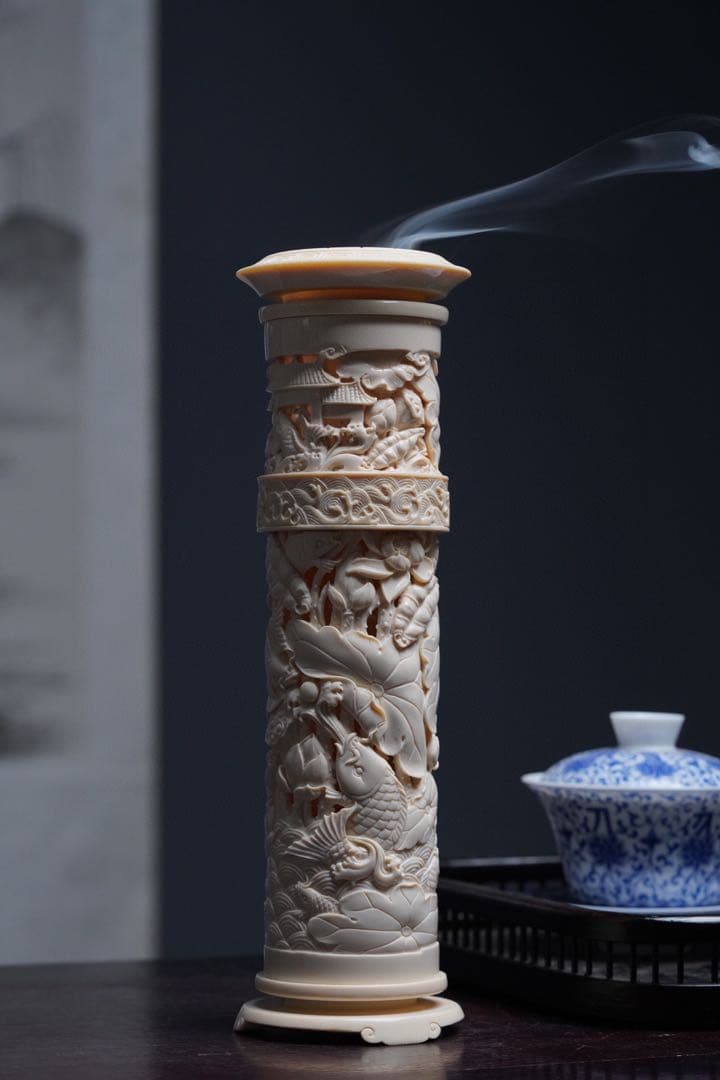 天然マンモス牙美しい手作り彫刻鯉の竜門登り香筒