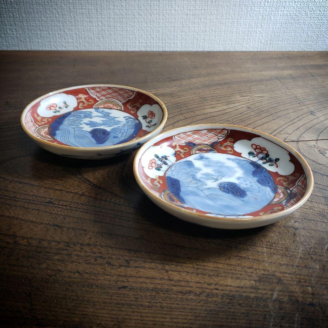 小皿　絵皿　色絵付け　古伊万里　明治　大正　鳥　波　滝　2枚