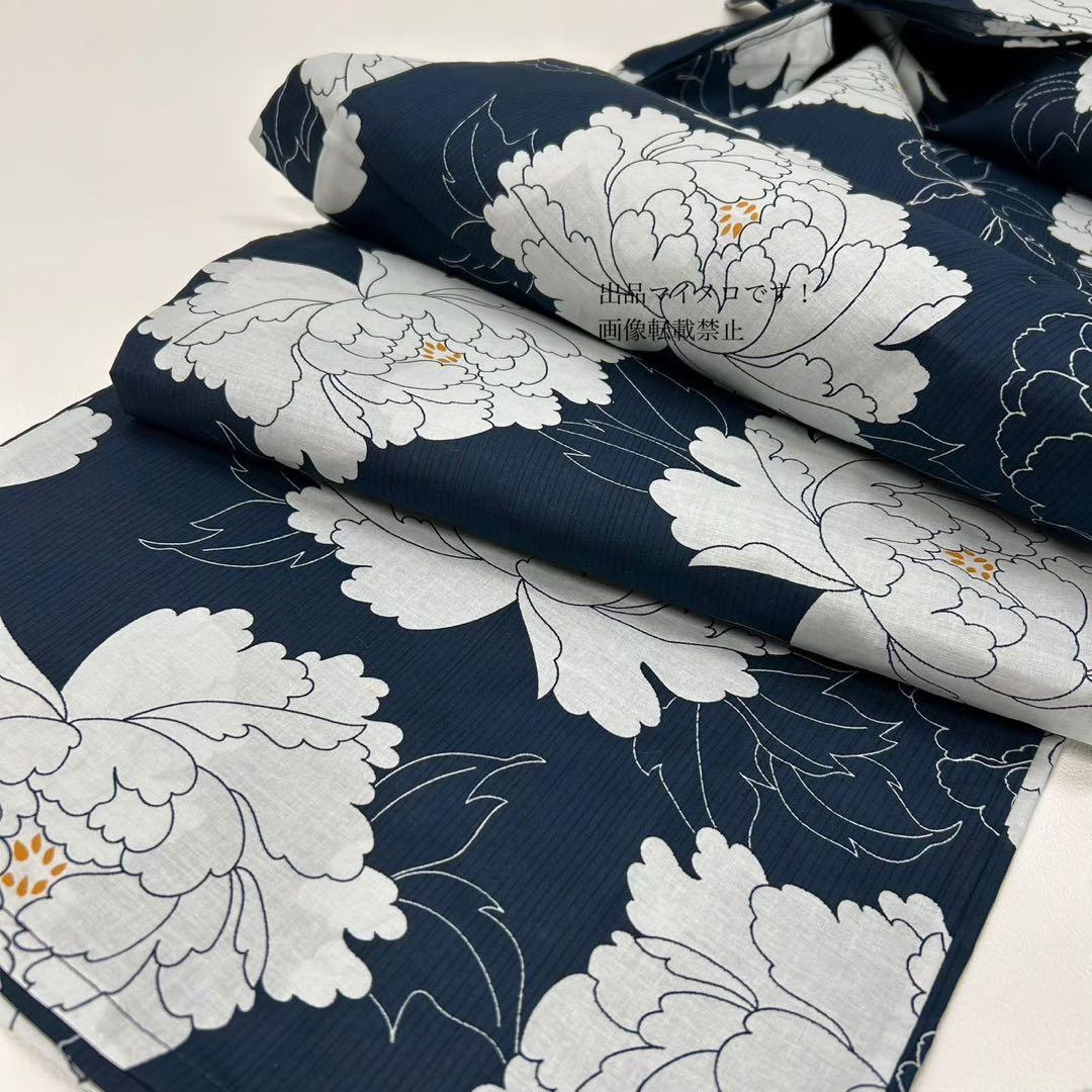 浴衣　大きめサイズ　浴衣 3L 牡丹　濃紺　兵児帯エンジ　2点　新品　0724⑦