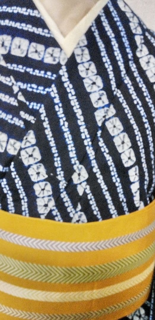 有松絞り浴衣、紺色小紋しつけつき