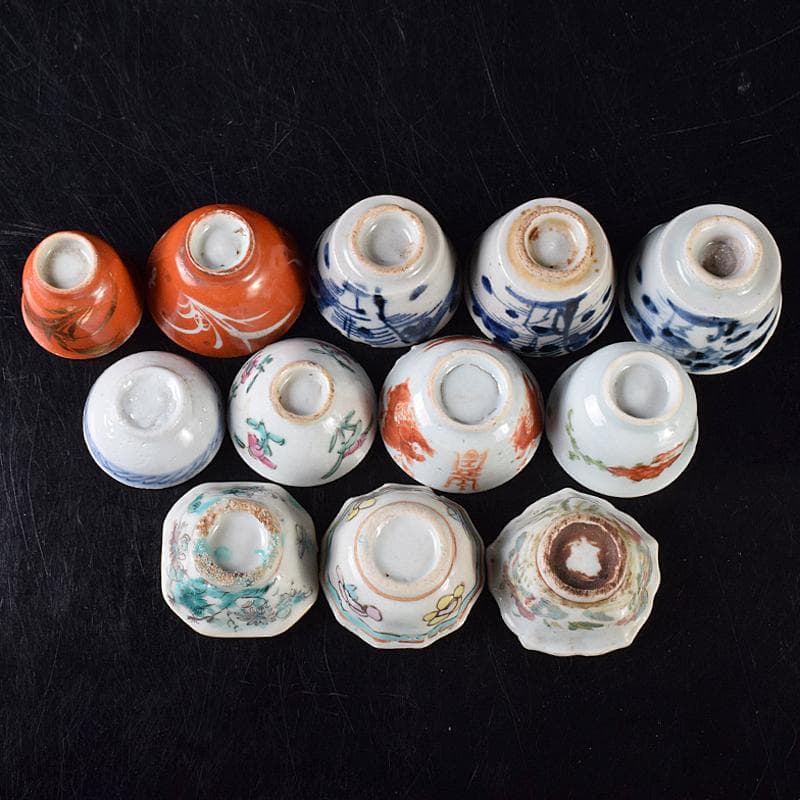 中国　青花山水文　粉彩花文など　盃　12客まとめて　M　R8128