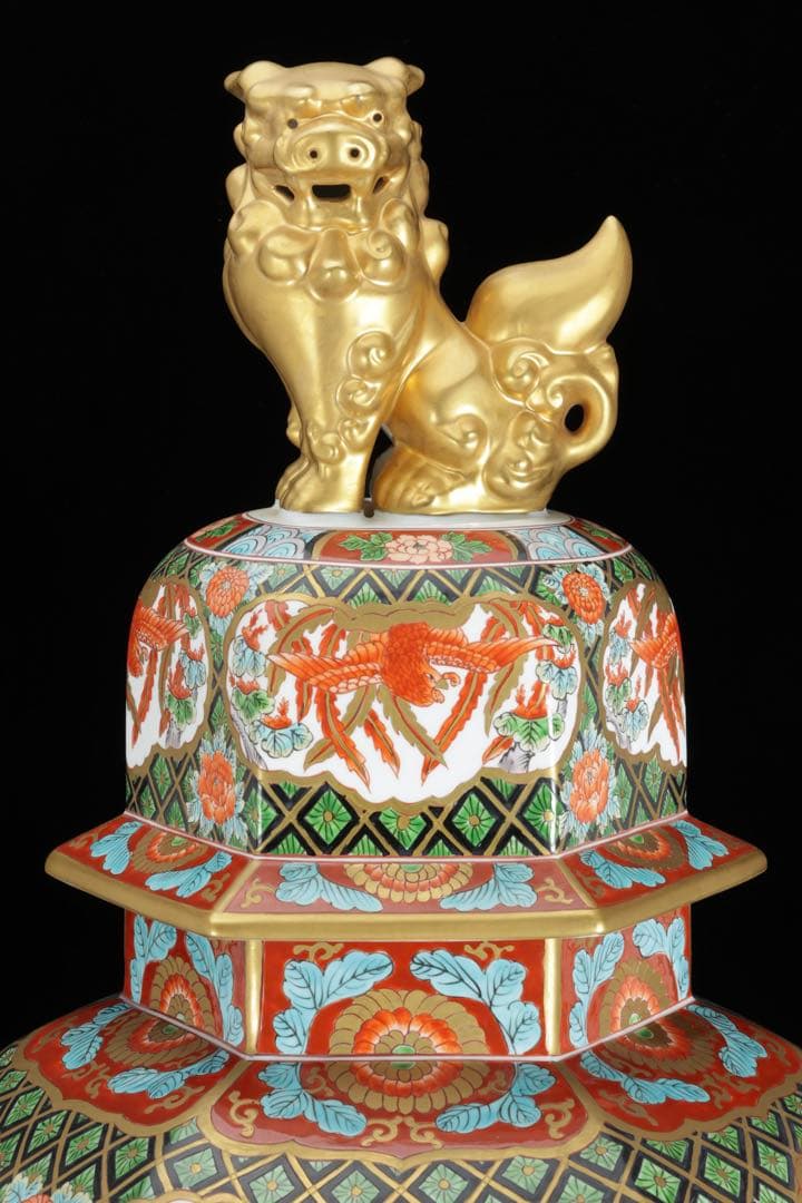 そ*ん様 有田焼 耕右衛門 染錦窓絵鳳凰花尽之図 獅子摘蓋特大三段壺 沈香壺 飾