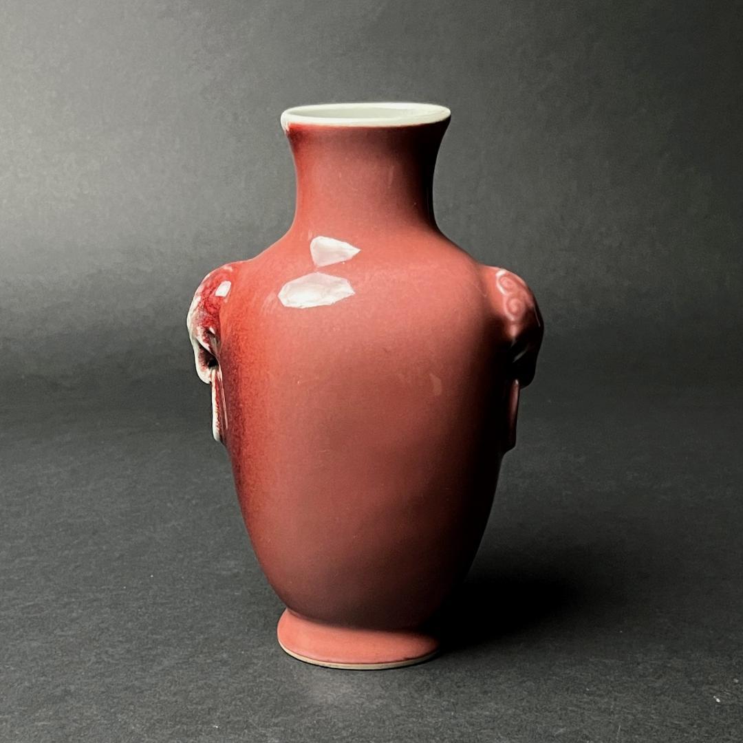 辰砂 双獣耳瓶 大清康煕年製 款 中国美術 古玩 SN25