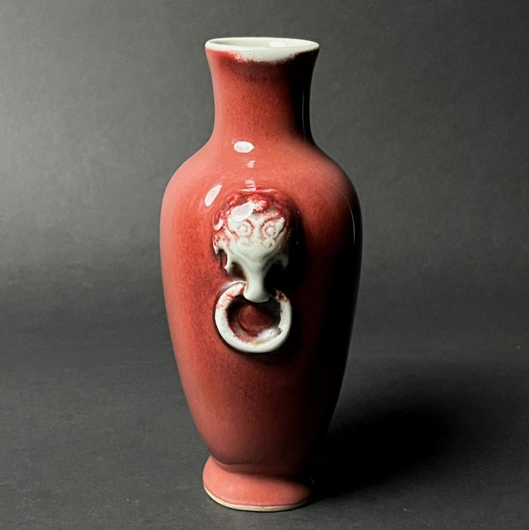 辰砂 双獣耳瓶 大清康煕年製 款 中国美術 古玩 SN25