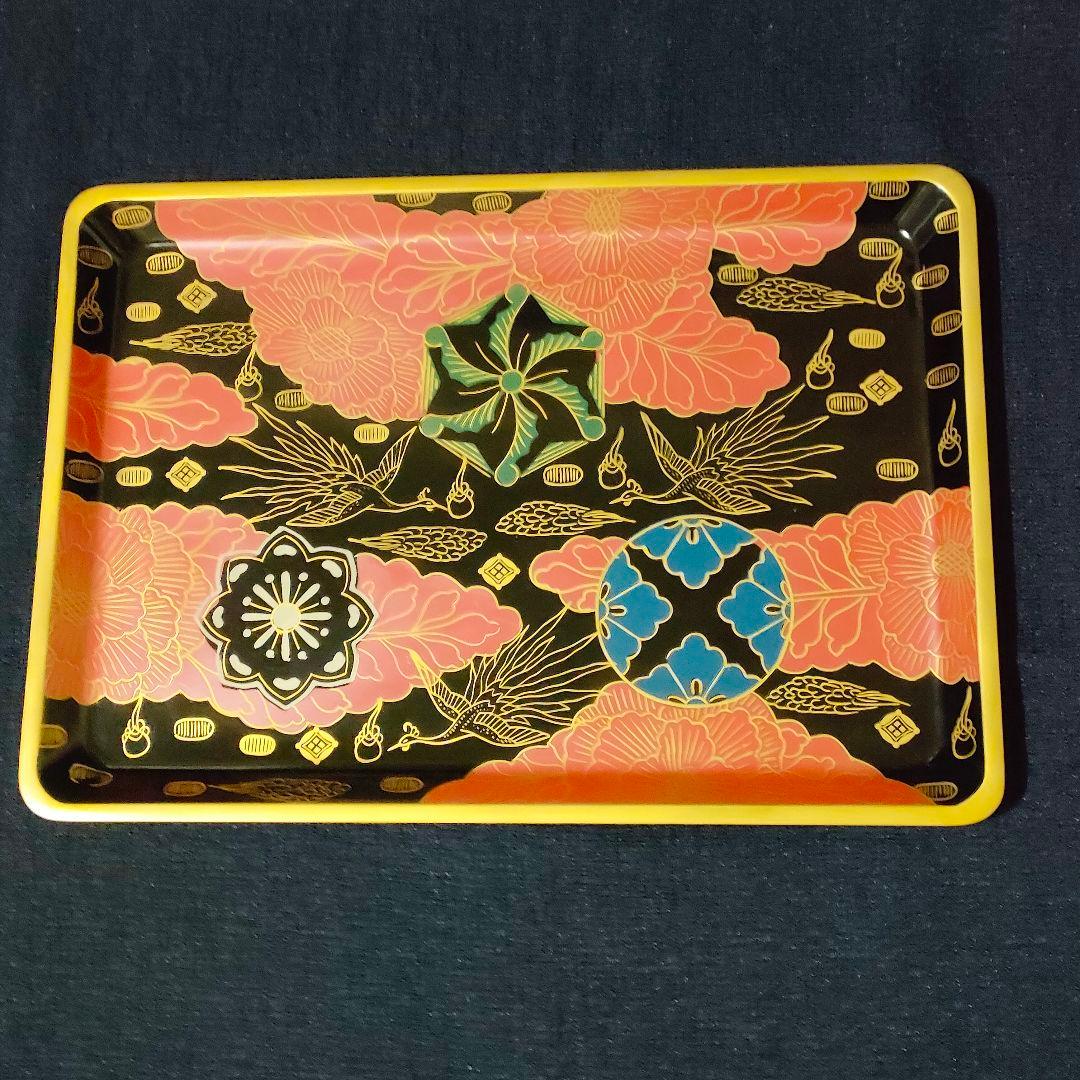 木製本漆塗　皿形長手盆　錦絵　会津塗