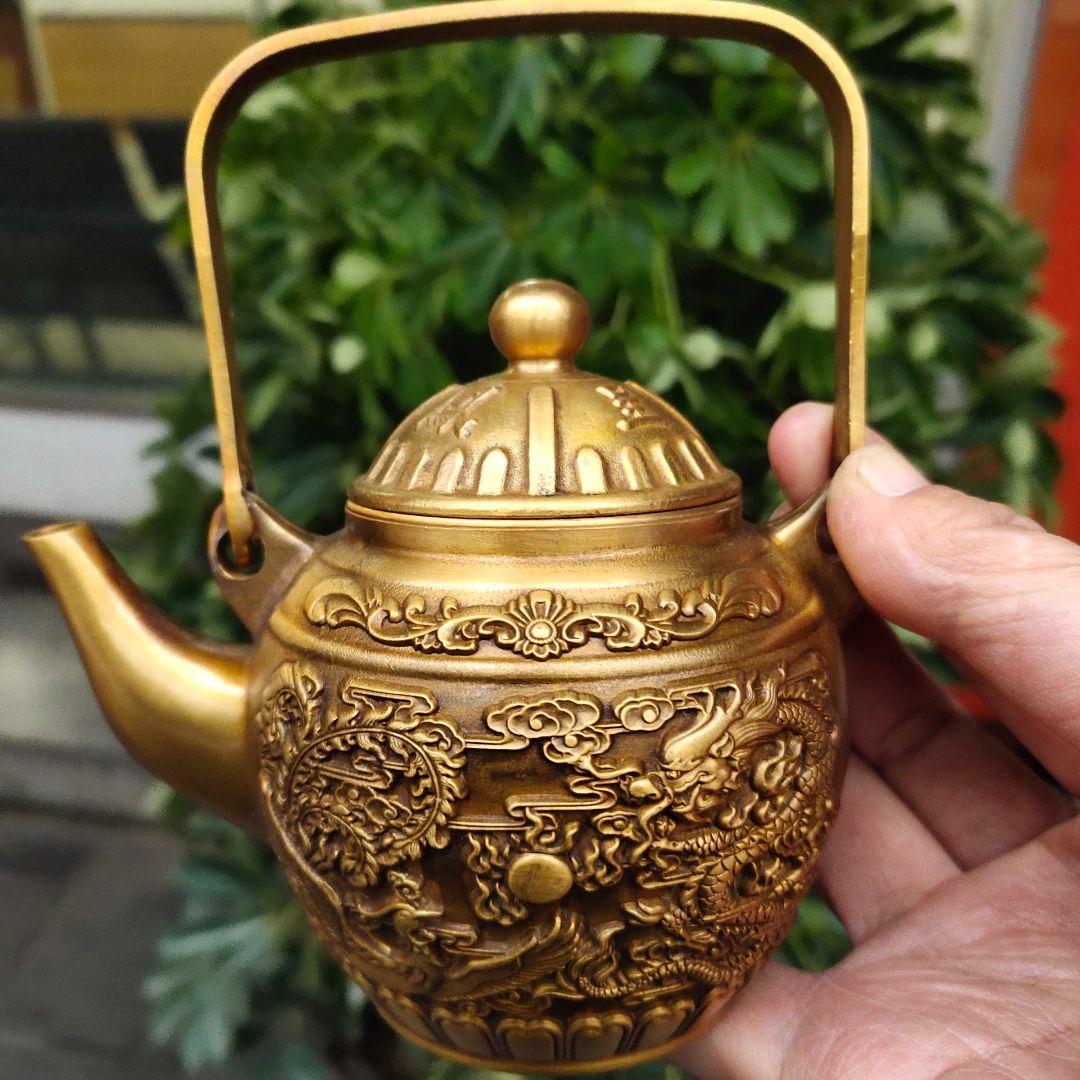 龍鳳呈祥提梁茶壺 酒壺 茶道 工芸 置物 銅製