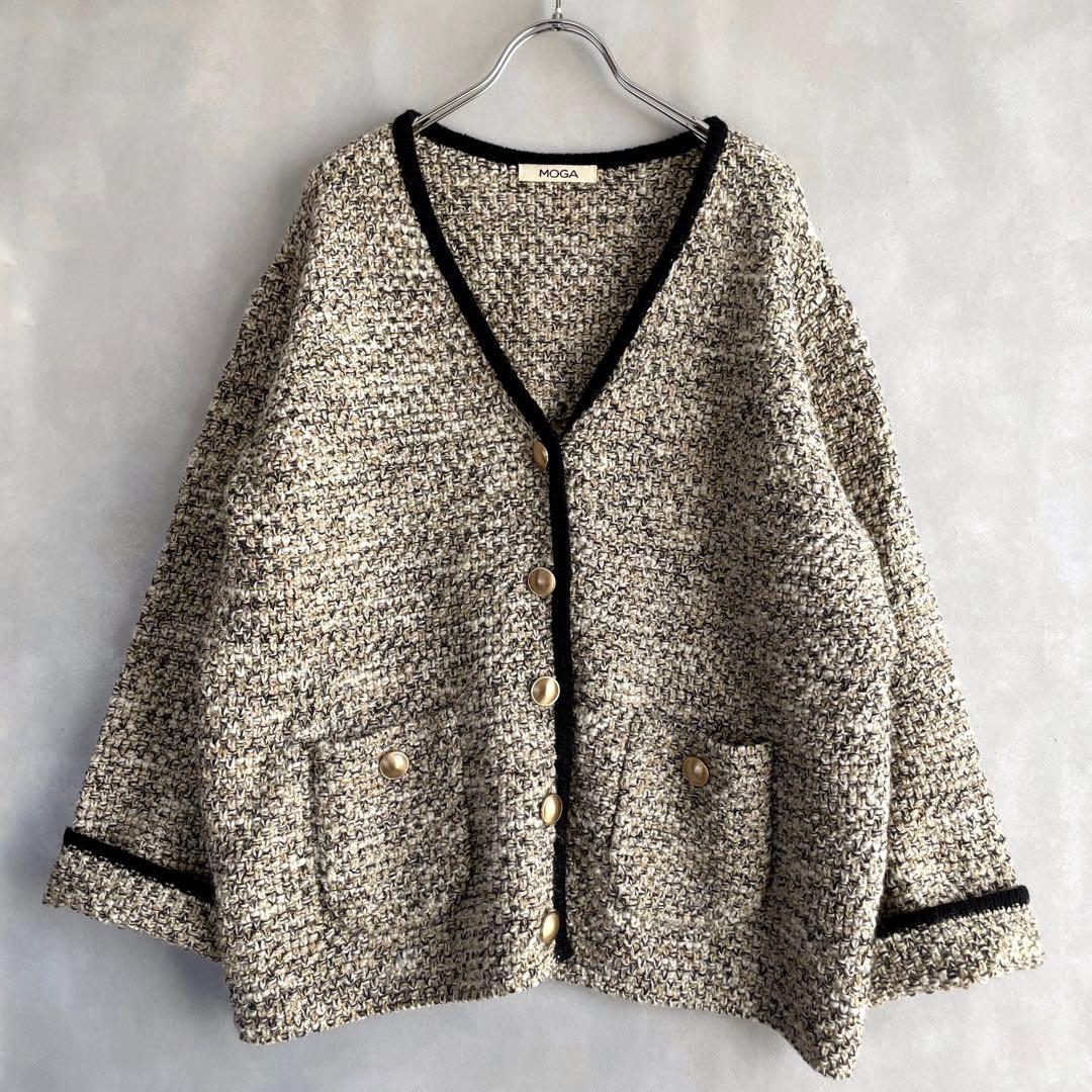 モガ　5.7万　鹿子編み　ウールニットジャケット　ゆったりめ　ゴールド　黒