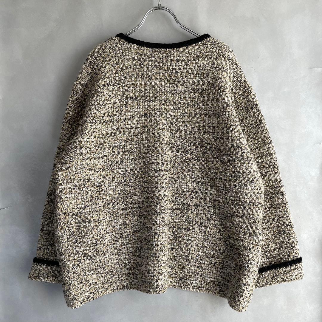 モガ　5.7万　鹿子編み　ウールニットジャケット　ゆったりめ　ゴールド　黒