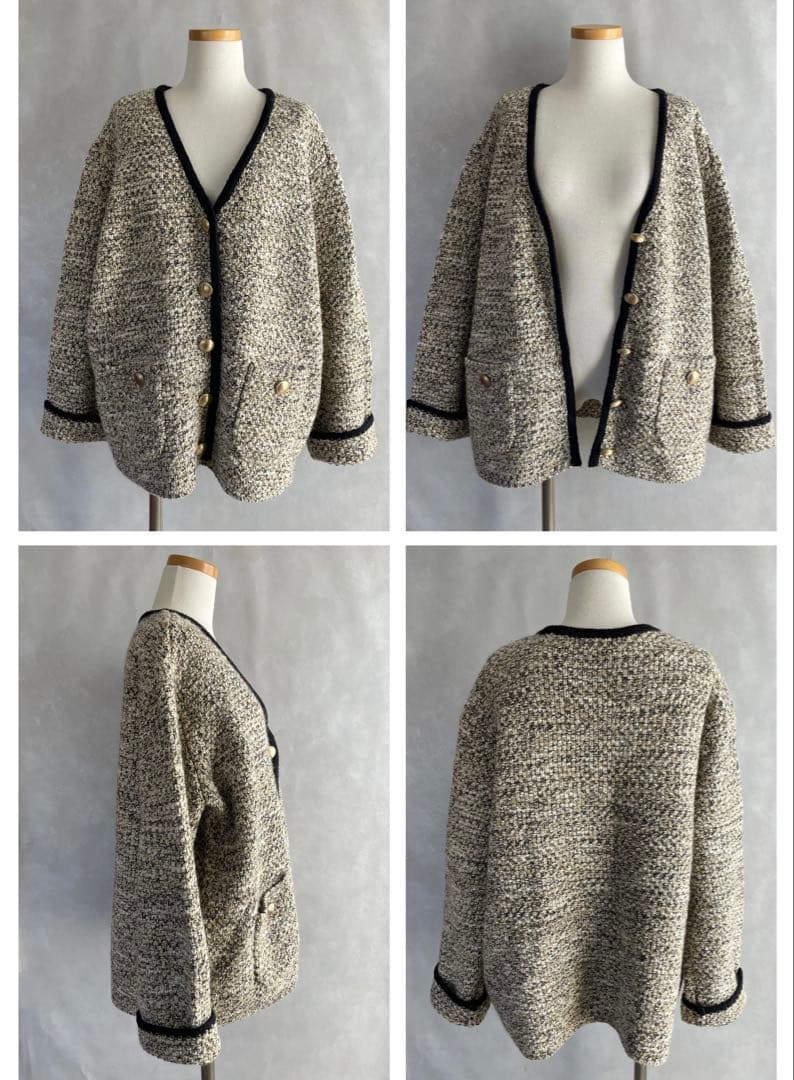 モガ　5.7万　鹿子編み　ウールニットジャケット　ゆったりめ　ゴールド　黒