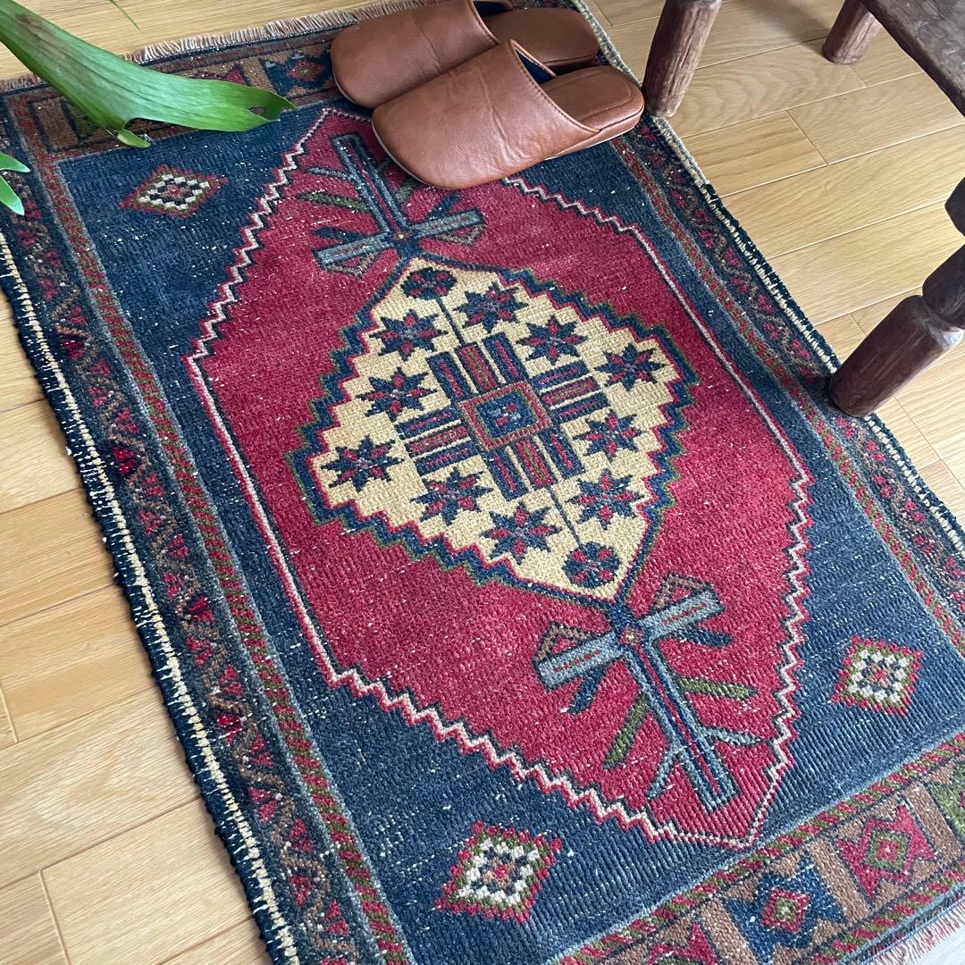 85×58㎝◇トルコヴィンテージラグ　レッド　ブルー　幾何学模様613