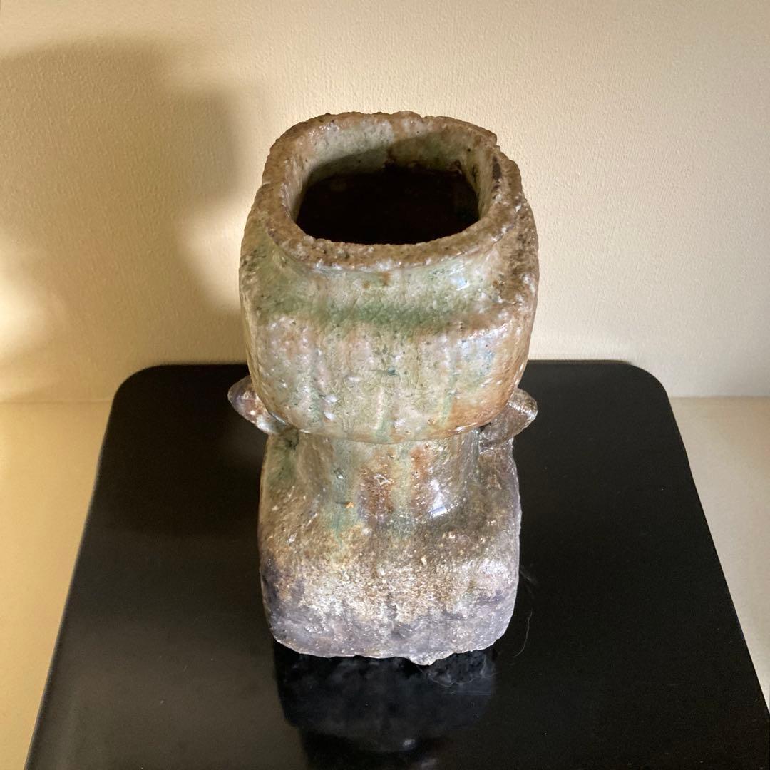 信楽焼 伊賀焼 谷清右衛門造 伊賀花入 耳付花入 花器 茶道具 共箱 共布