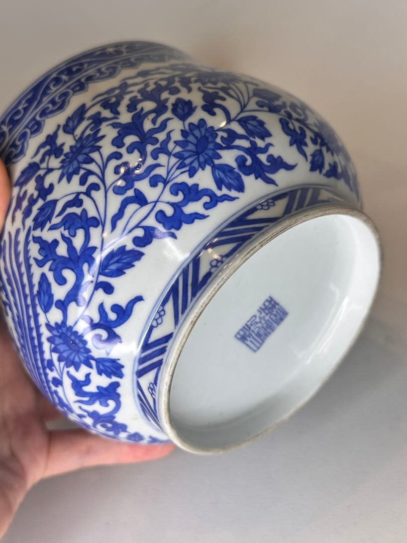 大清道光年製 底款　青花染付　鳳凰文　小缸　中国古美術