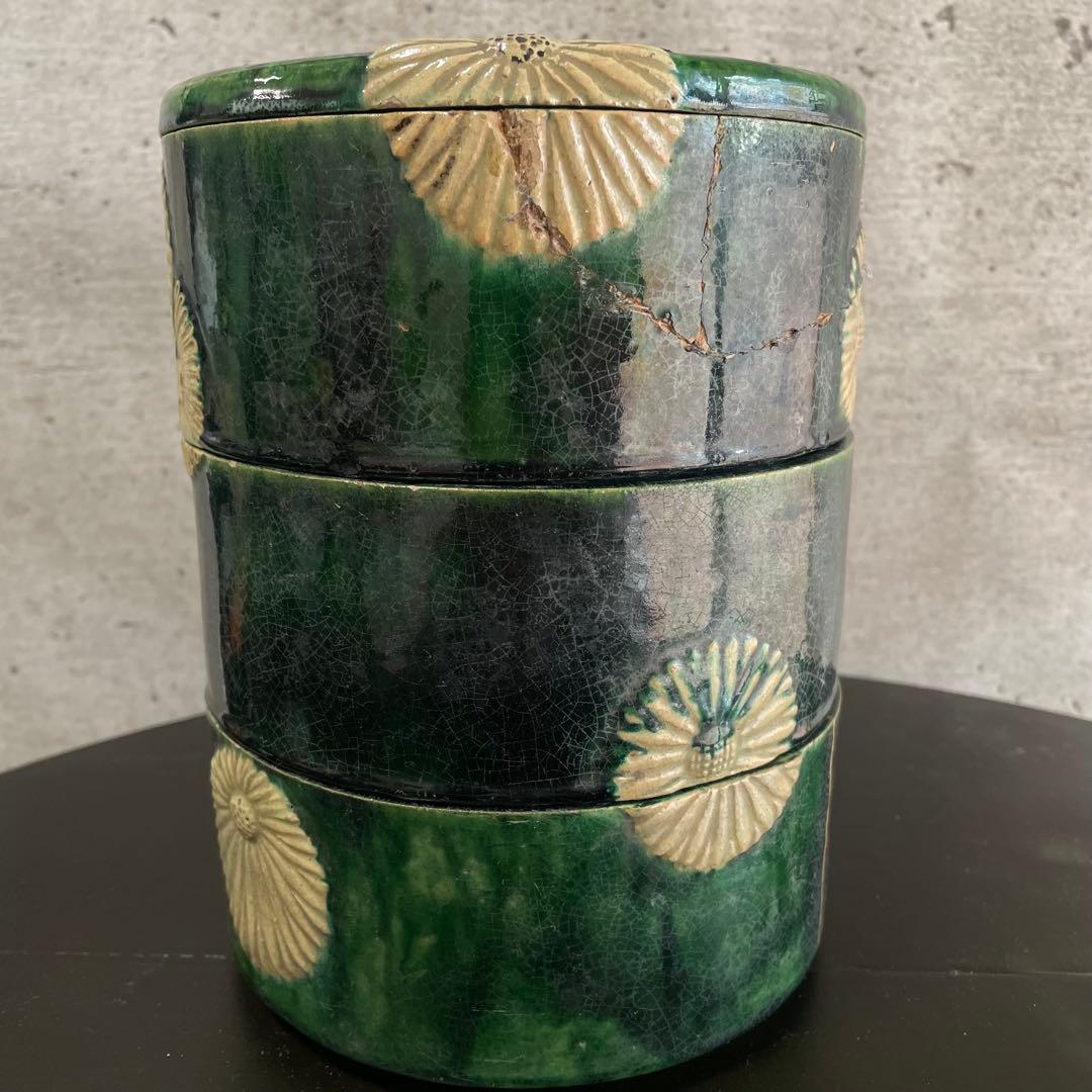 陶器　三段重　アンティーク　骨董品　貫入　金継ぎ　焼物　蓋物
