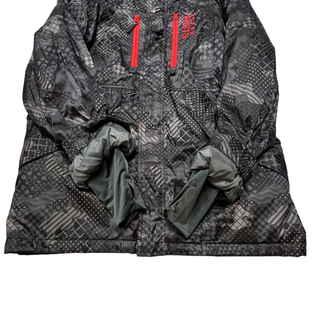 ラスティ スノーボードウェア ジャケット 総柄 黒赤 刺繍 L スキー 多機能