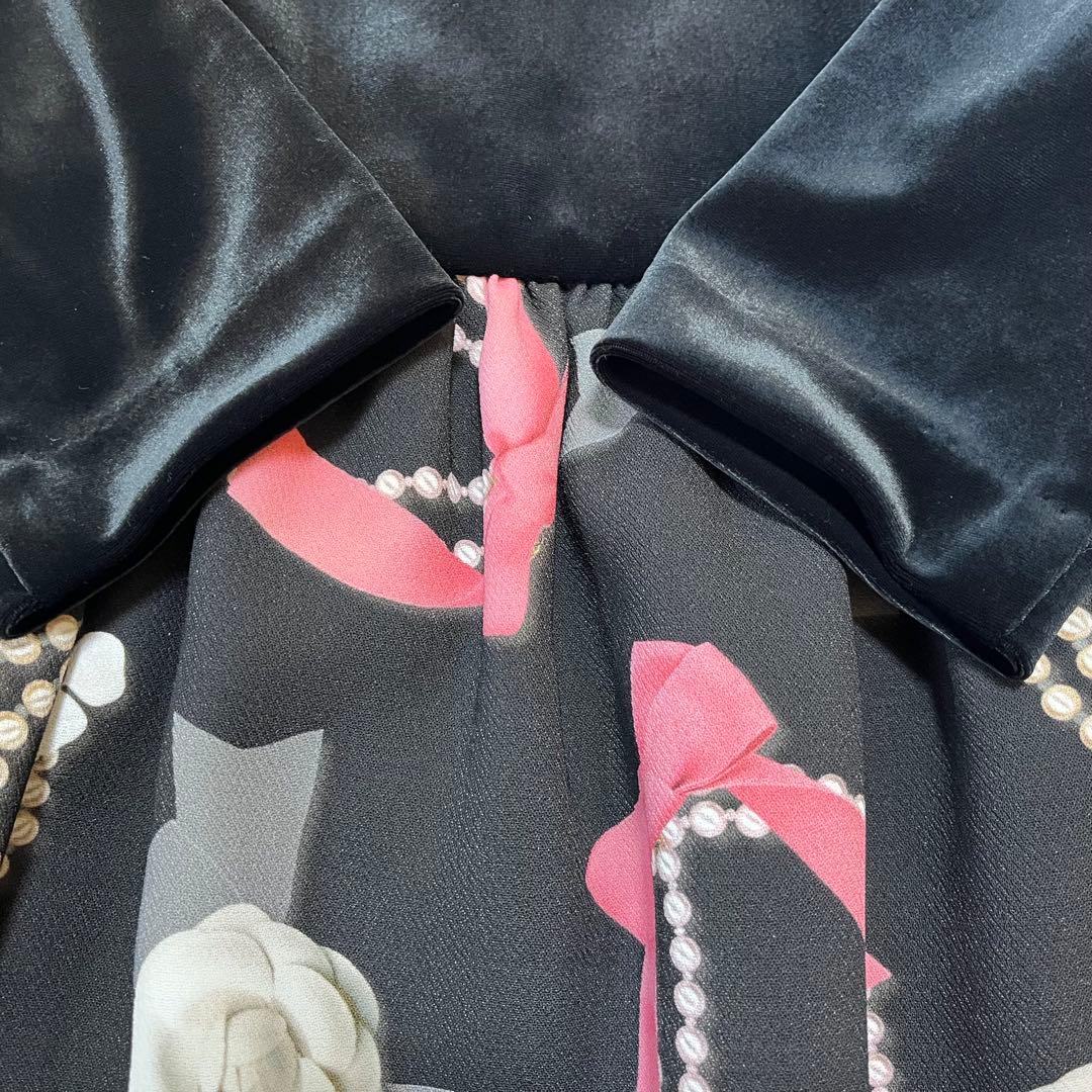 【極美品】M'S GRACY ワンピース ベロア カメリア リボン パール柄