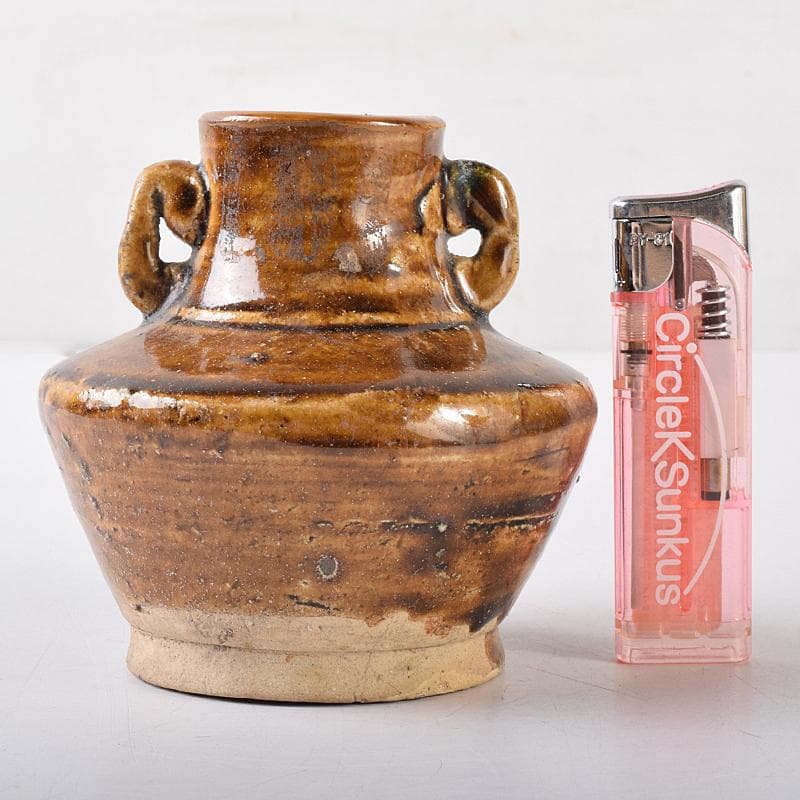 美濃古窯　黄瀬戸釉　耳付壷　袱紗付　時代箱付　D　R8121