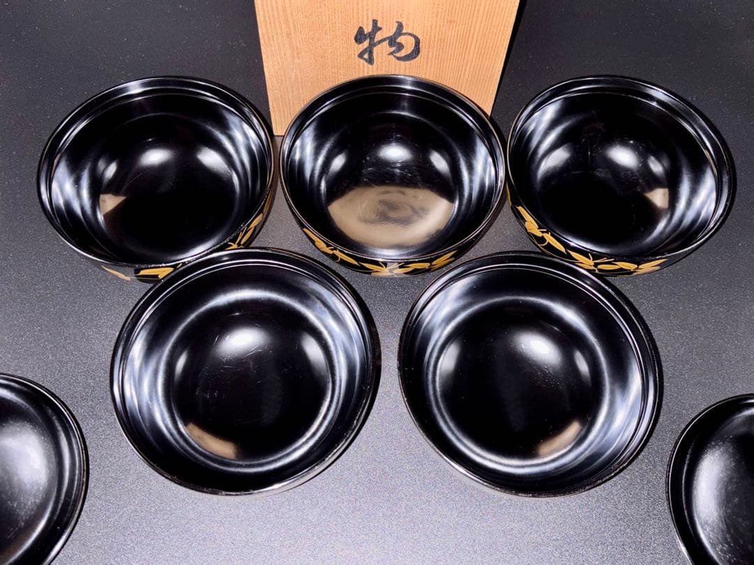 希少　会津塗り　蓋付きお椀5客・茶托５客　セット　漆器　箱付　味噌汁　汁椀